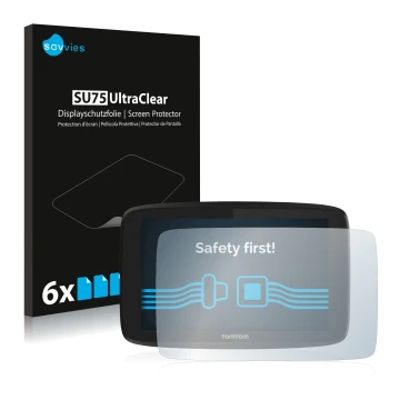 Front side of a product packaging with the brand logo Savvies. Next to it is the device TomTom Go Professional 6200 shown with