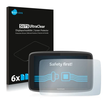 Front side of a product packaging with the brand logo Savvies. Next to it is the device TomTom Go Professional 6250 shown with