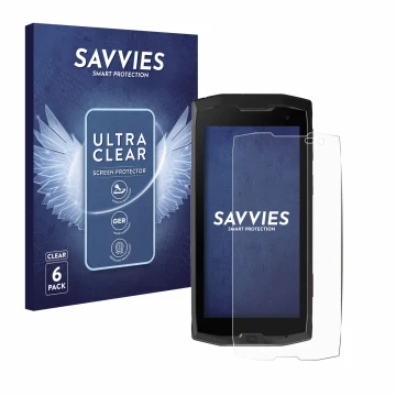 Front side of a product packaging with the brand logo Savvies. Next to it is the device Crosscall Core M4 shown with the corre