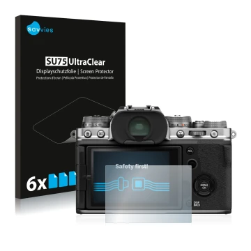 Front side of a product packaging with the brand logo Savvies. Next to it is the device Fujifilm X-T4 shown with the correspon