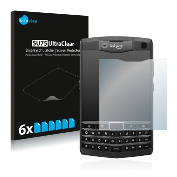 Front side of a product packaging with the brand logo Savvies. Next to it is the device Unihertz Titan shown with the correspo