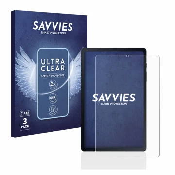 Front side of a product packaging with the brand logo Savvies. Next to it is the device Samsung Galaxy Tab S6 Lite LTE 2020 sh