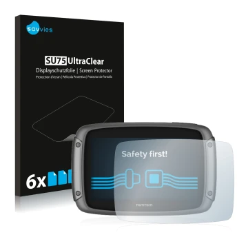 Front side of a product packaging with the brand logo Savvies. Next to it is the device TomTom Rider 50 shown with the corresp