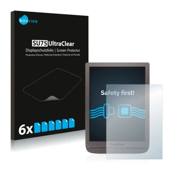 Front side of a product packaging with the brand logo Savvies. Next to it is the device PocketBook InkPad 3 Pro shown with the