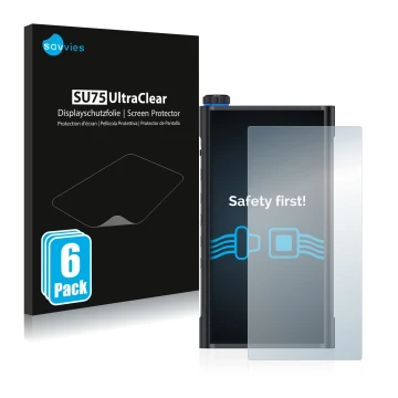 Front side of a product packaging with the brand logo Savvies. Next to it is the device FiiO M15 shown with the corresponding 