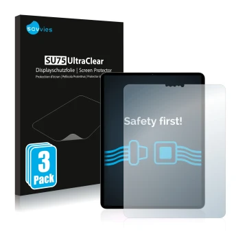 Front side of a product packaging with the brand logo Savvies. Next to it is the device Apple iPad Pro 11