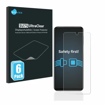Front side of a product packaging with the brand logo Savvies. Next to it is the device Xiaomi Redmi Note 9S shown with the co