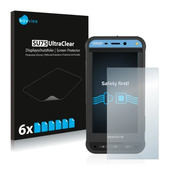 Front side of a product packaging with the brand logo Savvies. Next to it is the device Ecom Smart-Ex 02 DZ1 shown with the co