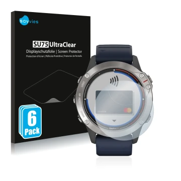 Front side of a product packaging with the brand logo Savvies. Next to it is the device Garmin quatix 6 shown with the corresp