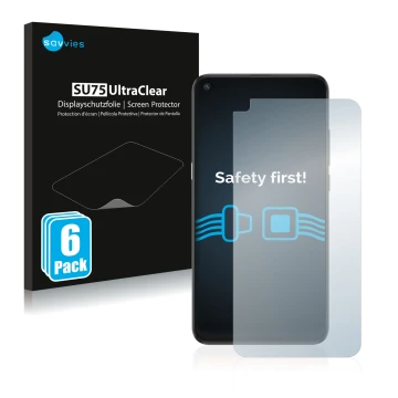 Front side of a product packaging with the brand logo Savvies. Next to it is the device TCL 10L shown with the corresponding s