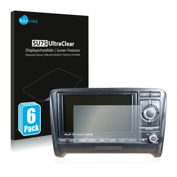 Front side of a product packaging with the brand logo Savvies. Next to it is the device Audi A3 8P 2004-2012 RNS-E shown with 