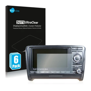 Front side of a product packaging with the brand logo Savvies. Next to it is the device Audi A4 8E 2004-2009 RNS-E shown with 