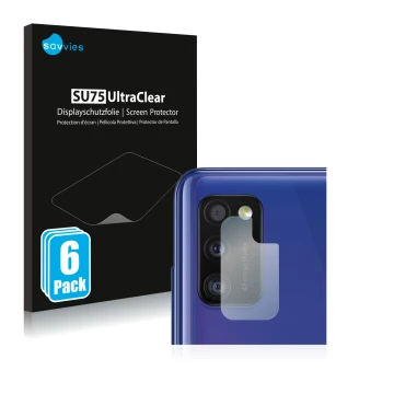 Front side of a product packaging with the brand logo Savvies. Next to it is the device Samsung Galaxy A41 (ONLY Camera Lens) 