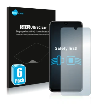 Front side of a product packaging with the brand logo Savvies. Next to it is the device Huawei P smart 2020 shown with the cor