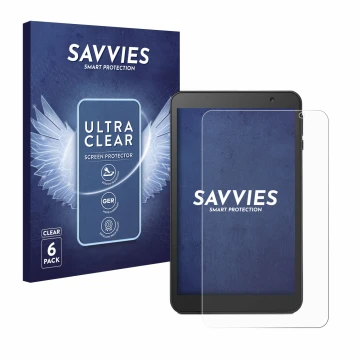 Front side of a product packaging with the brand logo Savvies. Next to it is the device Vankyo MatrixPad S8 shown with the cor