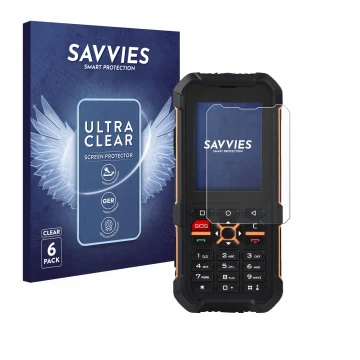 Front side of a product packaging with the brand logo Savvies. Next to it is the device RugGear RG170 shown with the correspon