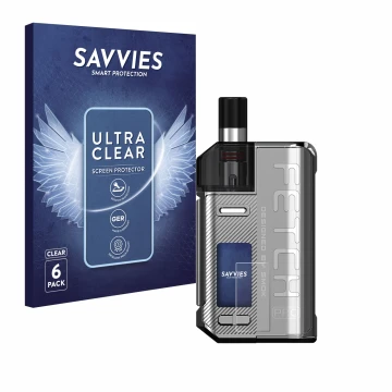 Front side of a product packaging with the brand logo Savvies. Next to it is the device Smok Fetch 80W Pro shown with the corr