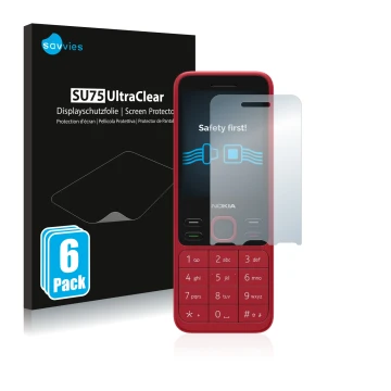 Front side of a product packaging with the brand logo Savvies. Next to it is the device Nokia 150 2020 shown with the correspo