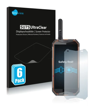 Front side of a product packaging with the brand logo Savvies. Next to it is the device Ulefone Armor 3w shown with the corres