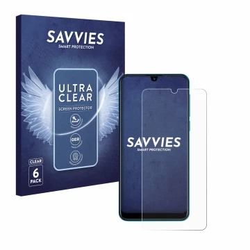 Front side of a product packaging with the brand logo Savvies. Next to it is the device Beafon M6 shown with the corresponding