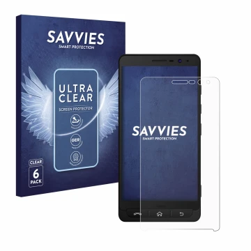 Front side of a product packaging with the brand logo Savvies. Next to it is the device Beafon M5 shown with the corresponding