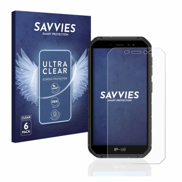 Front side of a product packaging with the brand logo Savvies. Next to it is the device Ulefone Armor X7 Pro shown with the co