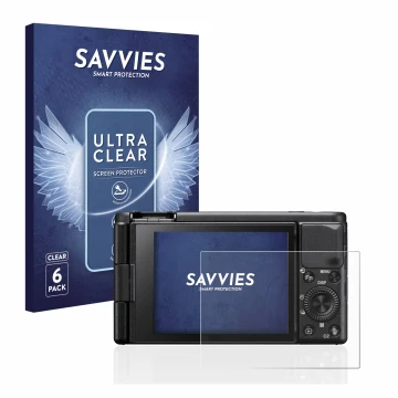 Front side of a product packaging with the brand logo Savvies. Next to it is the device Sony ZV-1 shown with the corresponding