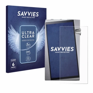 Front side of a product packaging with the brand logo Savvies. Next to it is the device Astell&Kern A&norma SR25 shown with th