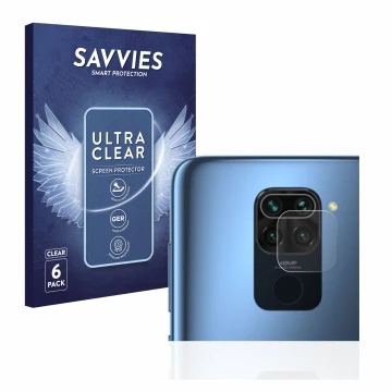 Front side of a product packaging with the brand logo Savvies. Next to it is the device Xiaomi Redmi Note 9 (ONLY Camera Lens)