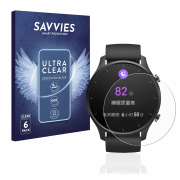 Front side of a product packaging with the brand logo Savvies. Next to it is the device Xiaomi Mi Watch Revolve shown with the