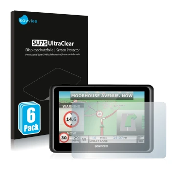 Front side of a product packaging with the brand logo Savvies. Next to it is the device Snooper Truckmate S6900 shown with the