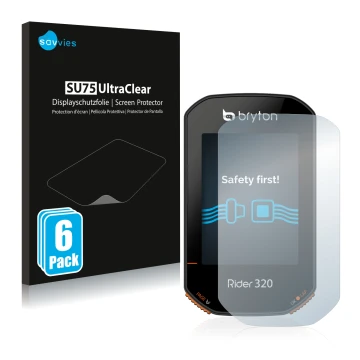 Front side of a product packaging with the brand logo Savvies. Next to it is the device Bryton Rider 320 shown with the corres