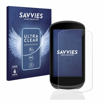 Front side of a product packaging with the brand logo Savvies. Next to it is the device Garmin Edge 1030 Plus shown with the c