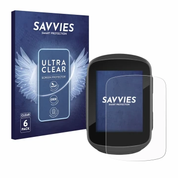 Front side of a product packaging with the brand logo Savvies. Next to it is the device Garmin Edge 130 Plus shown with the co
