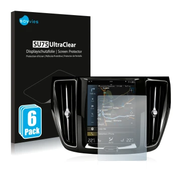 Front side of a product packaging with the brand logo Savvies. Next to it is the device Volvo S60 Sensus Connect 2020 shown wi