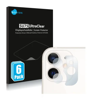 Front side of a product packaging with the brand logo Savvies. Next to it is the device Apple iPhone 12 mini (ONLY Camera Lens