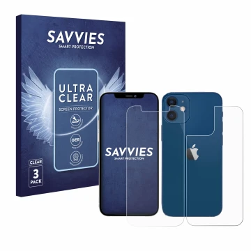 Front side of a product packaging with the brand logo Savvies. Next to it is the device Apple iPhone 12 (Front+Back) shown wit