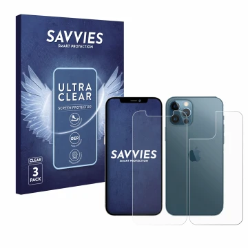 Front side of a product packaging with the brand logo Savvies. Next to it is the device Apple iPhone 12 Pro (Front+Back) shown