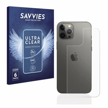 Front side of a product packaging with the brand logo Savvies. Next to it is the device Apple iPhone 12 Pro Max (Back) shown w