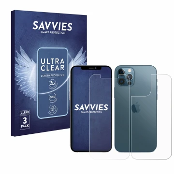 Front side of a product packaging with the brand logo Savvies. Next to it is the device Apple iPhone 12 Pro Max (Front+Back) s