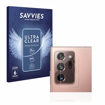 Front side of a product packaging with the brand logo Savvies. Next to it is the device Samsung Galaxy Note 20 Ultra (ONLY Cam