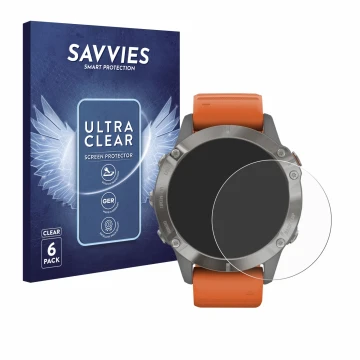 Front side of a product packaging with the brand logo Savvies. Next to it is the device Garmin Fenix 6 Pro Solar shown with th
