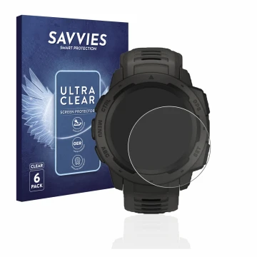 Front side of a product packaging with the brand logo Savvies. Next to it is the device Garmin Instinct Solar shown with the c