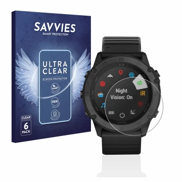 Front side of a product packaging with the brand logo Savvies. Next to it is the device Garmin Tactix Delta Solar Ballistic sh