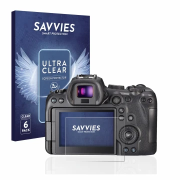Front side of a product packaging with the brand logo Savvies. Next to it is the device Canon EOS R6 shown with the correspond