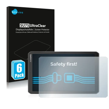 Front side of a product packaging with the brand logo Savvies. Next to it is the device Garmin Camper 890 shown with the corre
