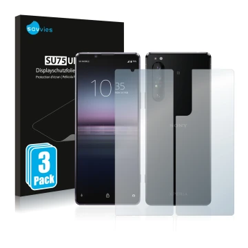 Front side of a product packaging with the brand logo Savvies. Next to it is the device Sony Xperia 1 II (Front+Back) shown wi