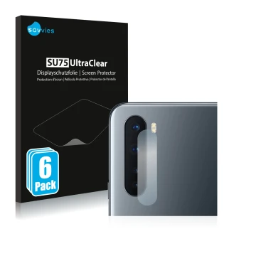 Front side of a product packaging with the brand logo Savvies. Next to it is the device OnePlus Nord (ONLY Camera Lens) shown 