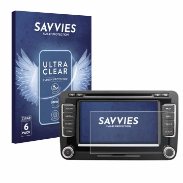 Front side of a product packaging with the brand logo Savvies. Next to it is the device Volkswagen Eos 2011 RNS 510 6.5