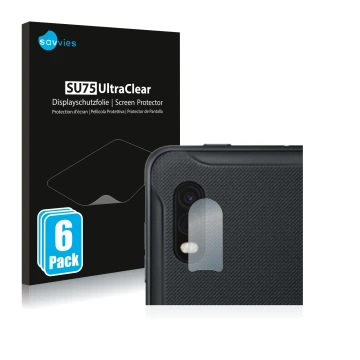 Front side of a product packaging with the brand logo Savvies. Next to it is the device Samsung Galaxy XCover Pro (ONLY Camera